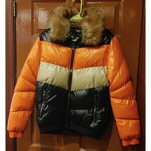 JC Puffer Jacket Youth 16 Orange Tan Black Good Faux Fur Chevron Colorblock